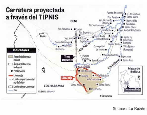 Figure 3.4:  Le Polygone 7 et la route Villa Tunari - San Ignacio de Moxa s 