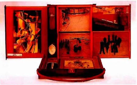 Figure 7.  Marcel Duc hamp. La boite-en -valise.  carton. bois. papier. plastique.  40 x 37.5  x 8.2  cm 