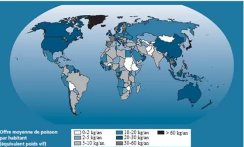 Figure 1.4 Disponibilité moyenne de poisson par habitant (2005-2007). (Tiré de la FAO,  2010a, p