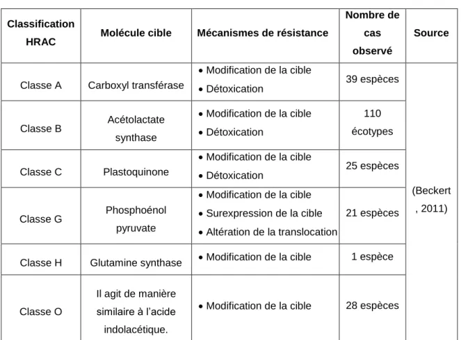 Tableau 1.7 Type de résistances selon la classification HRAC des herbicides 