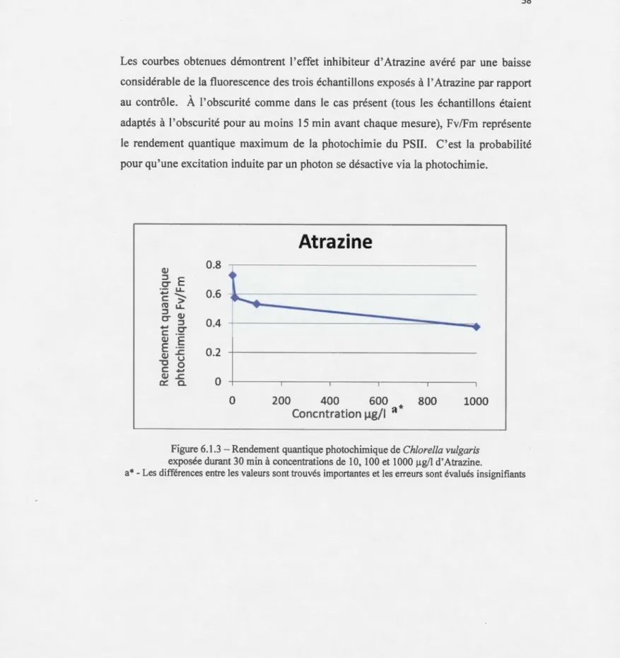 Figure 6.1 .3 - Rendement quantique photochimique de  Chlorella vulgaris  exposée durant 30 min à concentrations de  10, 100 et 1000  !-lg/1 d'  Atrazine