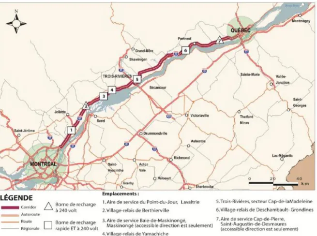Figure 1.1. Projet de déploiement de bornes de recharge pour les véhicules électriques dans  le corridor Montréal – Québec (Rive-Nord) (tiré de MCE, 2013) 