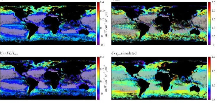 Figure  2:  Global  distribution  for  the  month  of  September  2006  of:  a)  nFLH;  b)  nFLH LUT ;  c) 