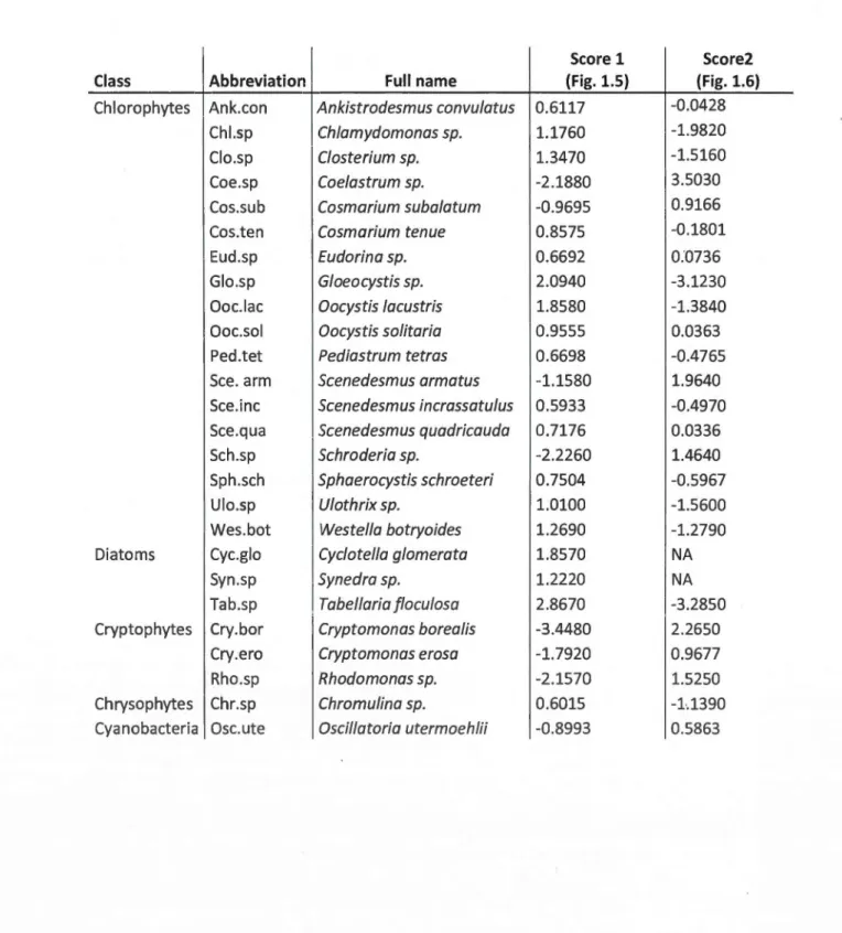 Table 1.1  Abbreviated  and  full  names  of  phytoplankton  species  identified  microscopically  across  all  of the  experimental  communities  and their scores  a ssociated with  the PRC including (Score  1)  and without (Score 2)  diatoms