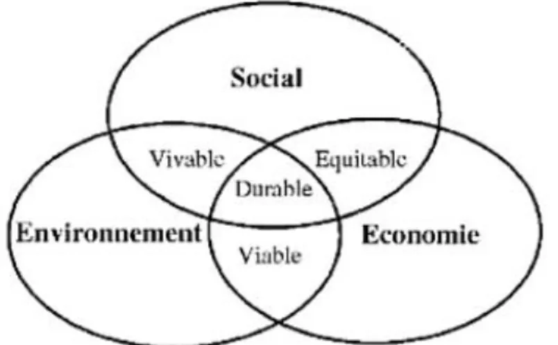 Figure  1.1 :  Les  trois  sphères  du  développement  durable  et  leurs  interdépendances  (Tiré  de   Van Duysen et Jumel, 2008, p.18) 