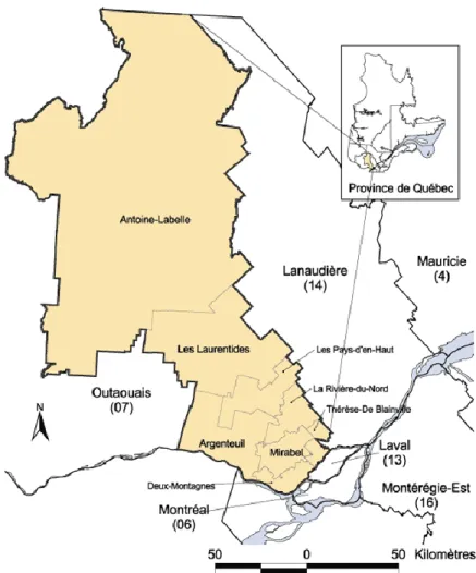 Figure 1.1 Carte  de  localisation  de  la  région  administrative  des  Laurentides  et  ses  municipalités  régionales  de  comté  (tiré  de : Ministère  de  l’Agriculture,  des  Pêcheries  et  de  l’Alimentation du Québec [MAPAQ], 2019)  