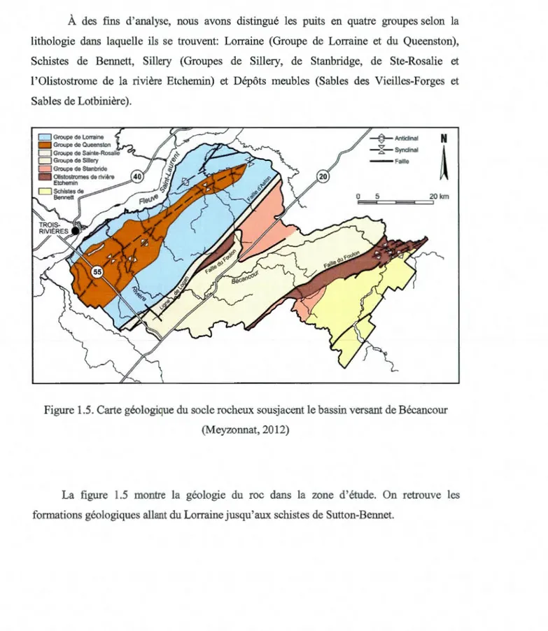 Figure 1.5. Carte géologiq ue du socle rocheux sousj acent le bassin versant de Bécancour  (Meyzonnat, 2012) 