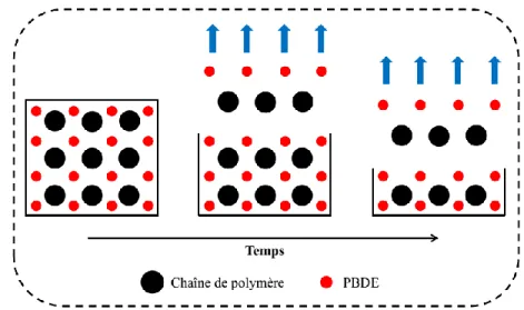 Figure 4-2. Libération de PBDE à l’environnement suite à la dégradation d’un matériau polymère  ignifuge avec le temps 