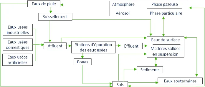 Figure  5.1  Interactions  entre  les  différents  compartiments  environnementaux  et  anthropiques  (traduction libre de : Bergé, 2012, p