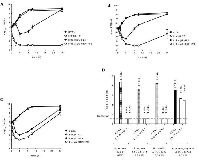 Fig.  3.  Time-kill  kinetics  of  TO  and/or  GEN  against  (A)  prototypic  B.  subtilis  ATCC  6333,(B)  B