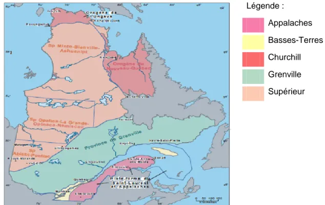 Figure 1.1 : Carte des différentes provinces géologiques du Québec (MRNF, 2011a) 
