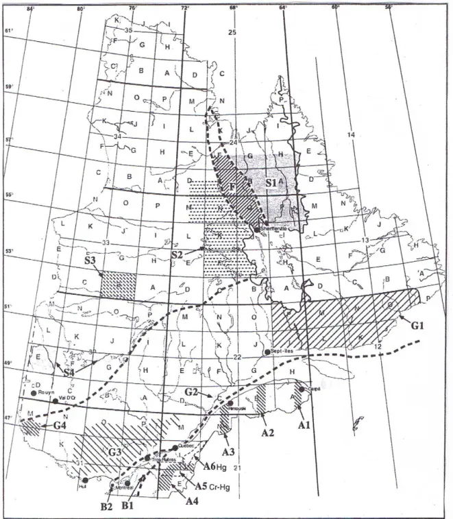 Figure 3.2 :  Localisation  des  secteurs  d'échantillonnages  des  sols  dans  les  Appalaches  (A1  à  A5)  et  les  Basses-Terres  (B1  à  B5)  (Choinière  et  Beaumier, 1997, p