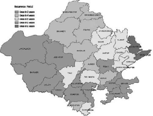 Figure  3.2  Carte  du  Rajasthan  présentant  la  fréquence  des  périodes  de  sécheresse  en  fonction du district (tiré de : TERI, 2010) 