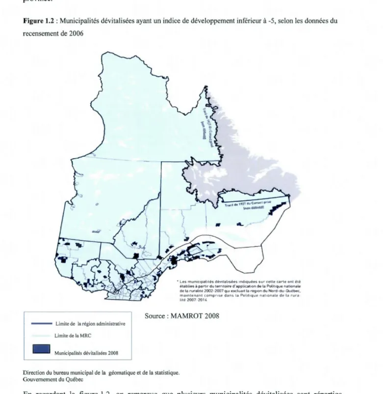 figure  1.2  nous  montre  la  répartition  des  municipalités  dévitalisées  dans  les  diverses  régions  de  la  province