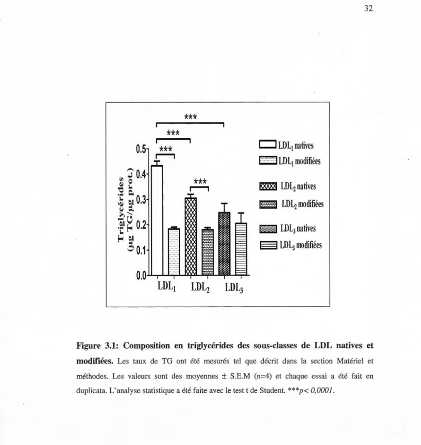 Figure  3.1:  Composition  en  triglycérides  des  sous-classes  de  LDL  natives  et  modifiées