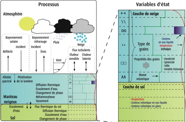 Figure	4	:	Variables	d'état	du	modèle	Crocus	et	principaux	processus	physiques	simulés		 	 (tiré	de	Brun	et	coll.,	2012)	