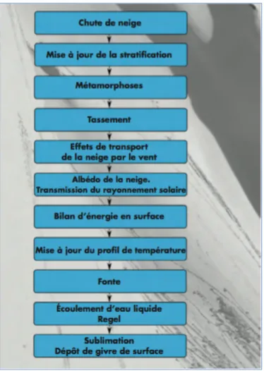 Figure	5	:	Séquence	d'appel	pour	la	prise	en	compte	dans	Crocus	des	principaux	processus	 (tiré	de	Brun	et	coll.,	2012)	