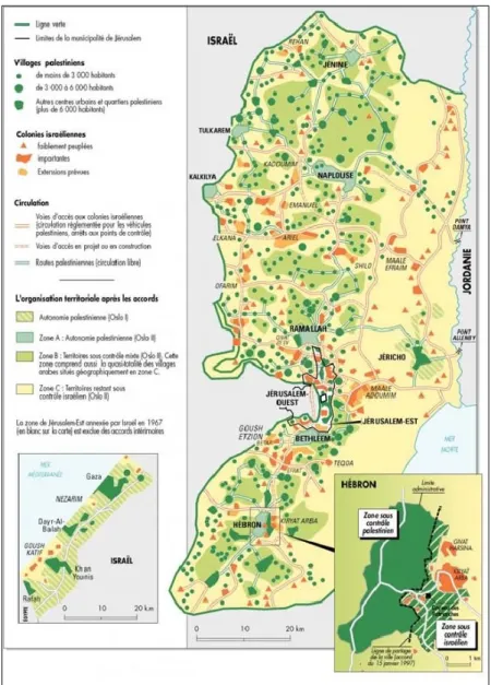 Figure A II - 3 : Organisation territoriale de la Cisjordanie après les Accords d'Oslo  (incluant les villages palestiniens, les colonies israéliennes, la circulation) 