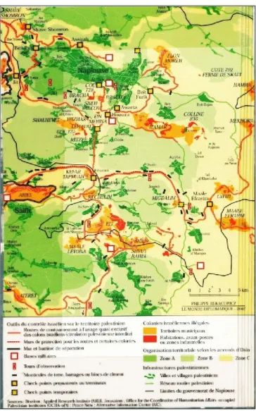 Figure A II - 4 : Organisation territoriale dans la région de Naplouse après les Accords  d'Oslo (incluant les colonies israéliennes illégales) 