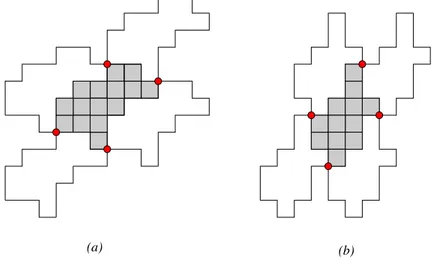 Figure 2: (a) a psc-polyomino (with highlighted cells) having only a decomposition of the first type, and the corresponding tiling of the plane; (b) a psc-polyomino having one decomposition of the second type, and the corresponding tile of the plane.