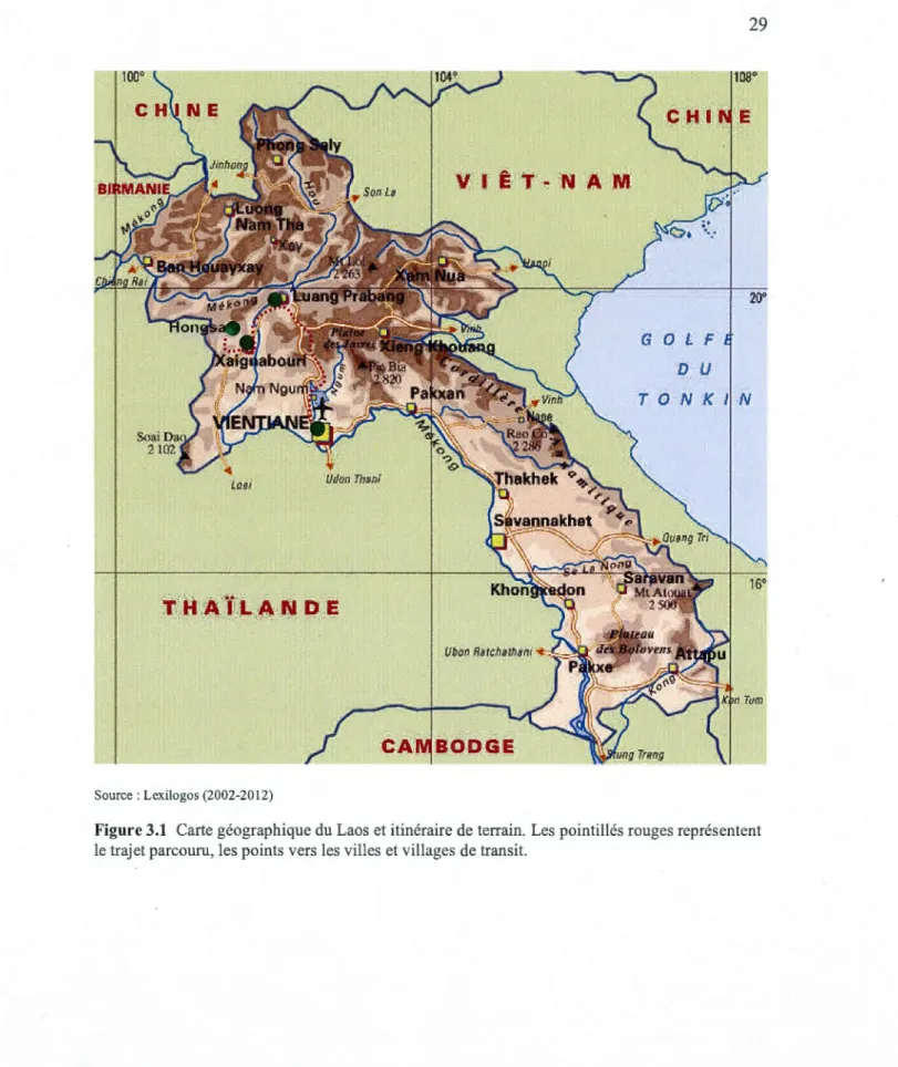 Figure 3.1  Carte géographique du Laos et itinéraire de terrain.  Les  pointillés rouges représentent  le  trajet parcouru , les points vers les villes et villages de transit