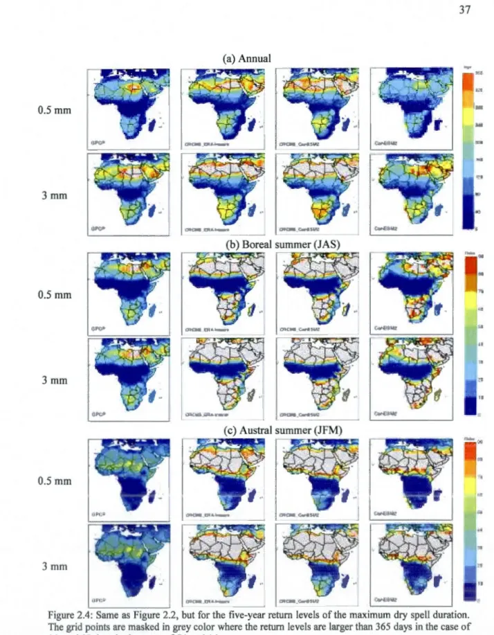 Figure 2.4:  Same  as  Figure  2.2, but for  the  five-year  return  Ievels  of the  maximum  dry spell duration