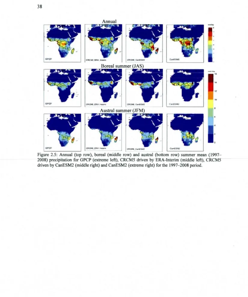 Figure  2.5:  Annual  (top  row),  boreal  (middle  row)  and  austral  (bottom  row)  summer  mean  (1997- (1997-2008)  precipitation  for  GPCP  (extreme  left),  CRCM5  driven  by  ERA-lnterim  (middle  left),  CRCM5  driven by CanESM2 (middle right) an