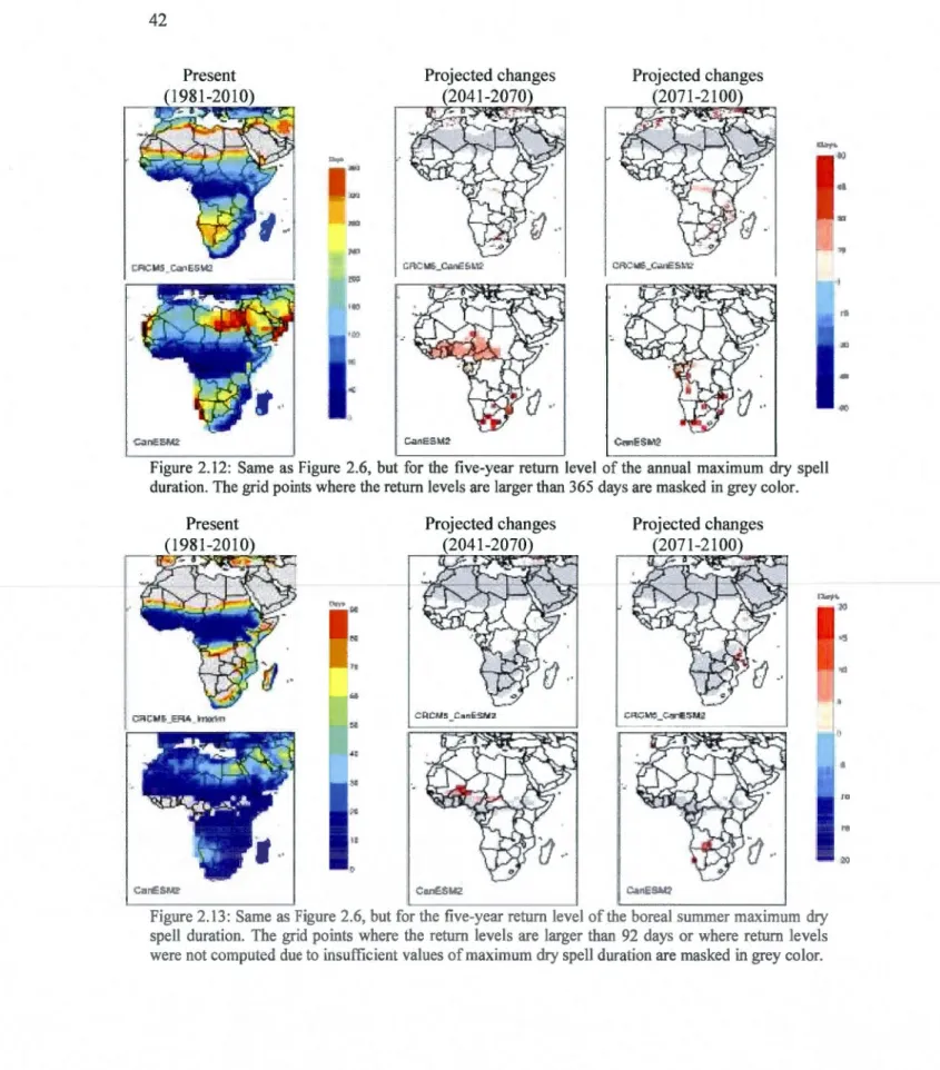 Figure  2.12:  Same  as  Figure  2.6,  but  for  the  five-year  retum  leve) of the  annual  maximum  dry  spell  duration