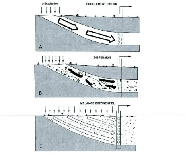 Figure  2.2  Trois  modèles  de  déplacement  de  l'eau souterraine  illustrant  l'écoulem ent 