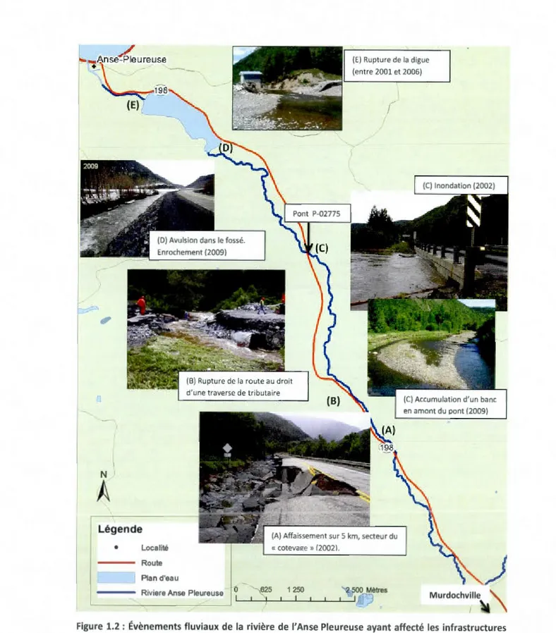 Figure  1.2 : Évènements fluviaux  de  la  rivière  de  l'Anse Pleureuse  ayant affecté  les  infrastructures Riviere Anse  Pleureuse 