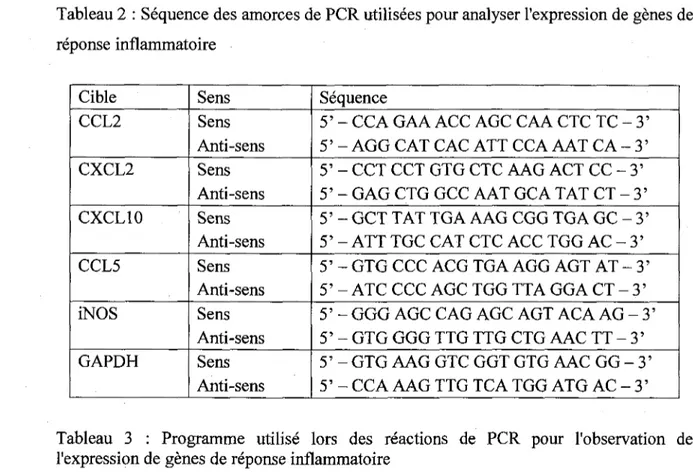 Tableau 2 : Sequence des amorces de PCR utilisees pour analyser l'expression de genes de  reponse inflammatoire 