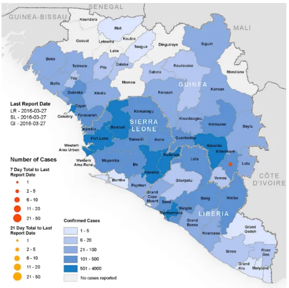 Figure 3.5  Cas de virus Ebola, par pays (inspiré de : World Health Organisation (WHO), 2016)  Au  regard  de  cette  carte,  il  est  possible  de  constater  le  risque  qui  est  présent  pour  les  professionnels  étrangers,  en  Afrique  de  l’Ouest