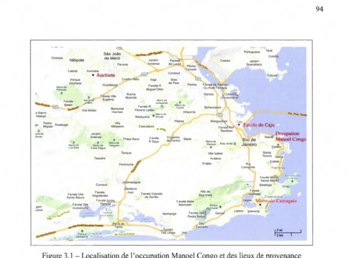 Figure 3.1 - Localisation de  l'occupation Manoel Congo et des  lieux de  provenance  des habitants-es  (source : GoogleMaps