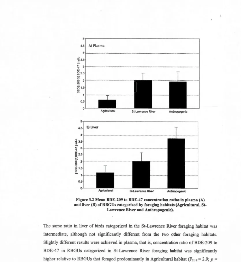 Figure 3.2  Mean BDE-209 to  BDE-47 concentration ratios in  plasma (A)  and liver (B) of RBGUs categorized by  foraging habitats (Agricultural, 