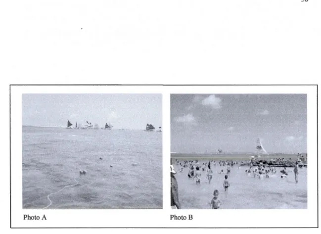 Figure 2.  7  One of the zoning areas and  people accessin g coral  reefs by  foot.  Photo  A demonstrate the  materials  used  to  delimit  and  protect  coral  reefs,  constituting  a  zoning  area  while  photo  B  exhibits  visitor' s  going  to  coral