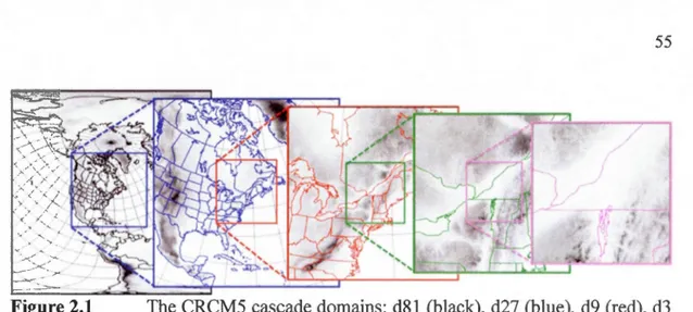 Figure 2.1  The CRCM5  cascade domains:  d81  (black), d27  (blue) , d9  (red) , d3  (green)  and  dl  (pink)