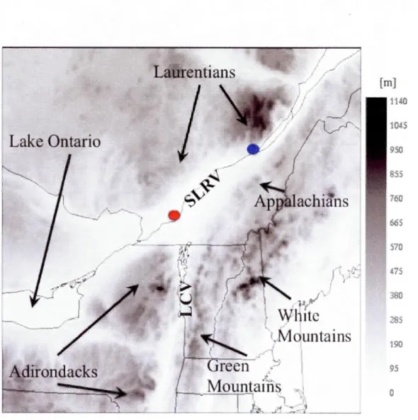 Figure 2.2  Topography  input  map  [m]  of the  d3 's  domain.  The  red  and  blue  points  show the  locations  of  Montréal  and  Québec  cities,  respectively