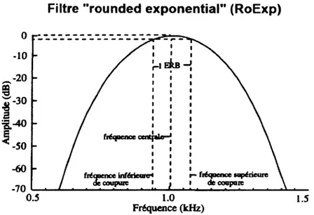 Figure  3.3  Forme  schématisée  d ’un  filtre  a u d itif  avec  fréquence  centrale  Fr  1008  Hz  telle  que  présentée  par  Liu  [19].