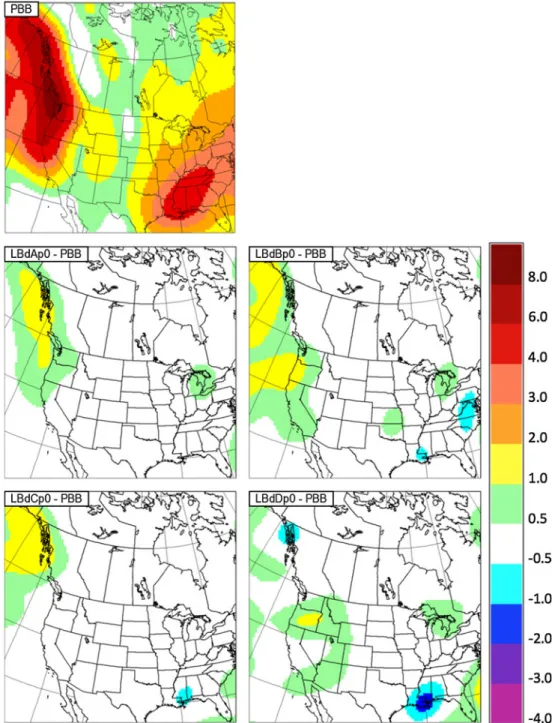 Fig. 4 The PBB field and the differences between the four LB fields driven by PBB (LBdAp0, LBdBp0, LBdCp0, LBdDp0) and the PBB field, computed for the large-scale stationary component of precipitation rate (mm/day)