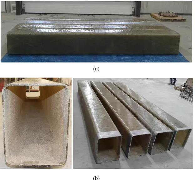 Figure 3.12: a) Fabricated GFRP tubes at the desired length of the beam prototypes. b) Sand  coating the inner surface of the tubes