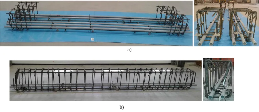 Figure 3.15: Steel reinforcement cages: a) PT CFFTs with 2 and 3 strands; b) PT control beams