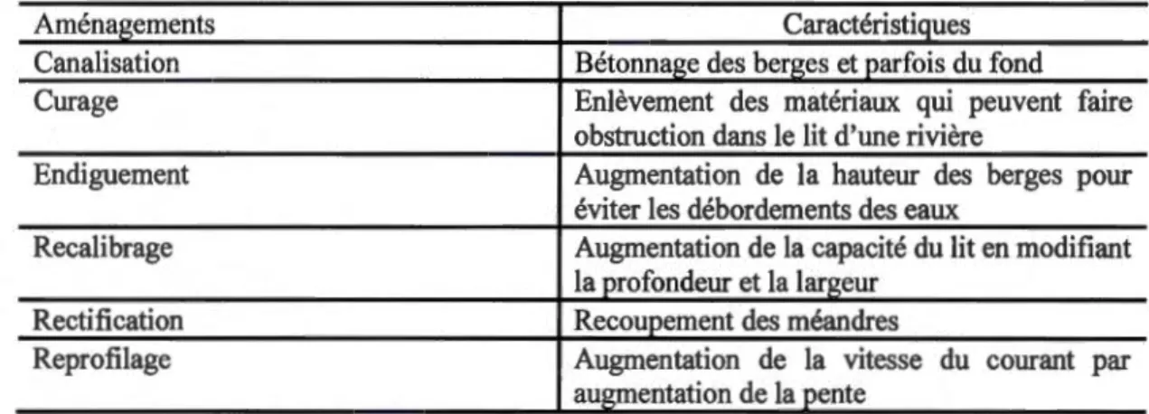 Tableau 2.1 Principaux types d'aménagements des lits des rivières 