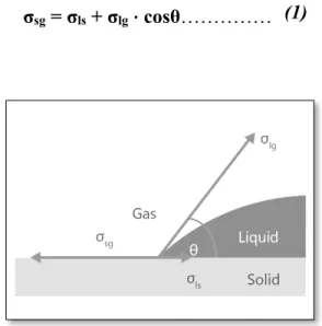 Fig. 2.6. Représentation des vecteurs de tension de l’angle de contact σsg = σls + σlg ⋅ cosθ……………  (1) 