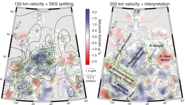 Figure 11. Left: tomography results at 150 km depth with superimposed contours of compiled shear-wave splitting times (black lines) (Frederiksen et al., in preparation) along with the individual shear-wave splitting measurements (green arrows)
