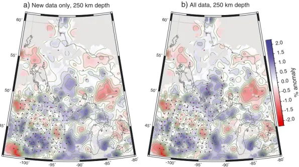 Figure 6. Comparison of inversion results using (a) new data from this study only and (b) new data plus picks from previous studies