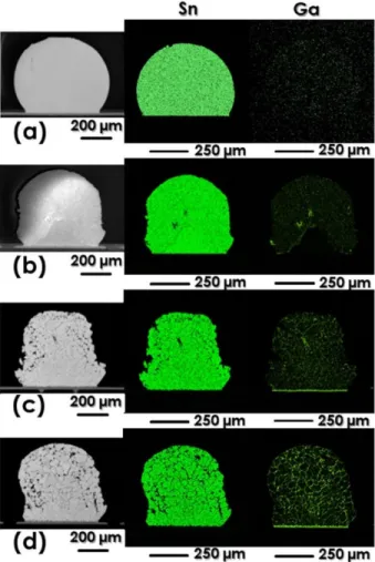 Figure 3.7: Cross-sectional SEM images and corresponding EDX mapping of (a) unexposed  reference SAC305 solder ball and exposed SAC305 solder balls for (b) 70°C-15min, (c) 