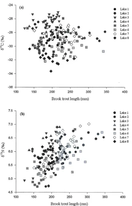 Figure  2.2  Changes  in  brook  trout  (a)  è5 13 C  and  (b)  è5 15 N  signatures  with  increasing  fish  length  in  eight  lakes