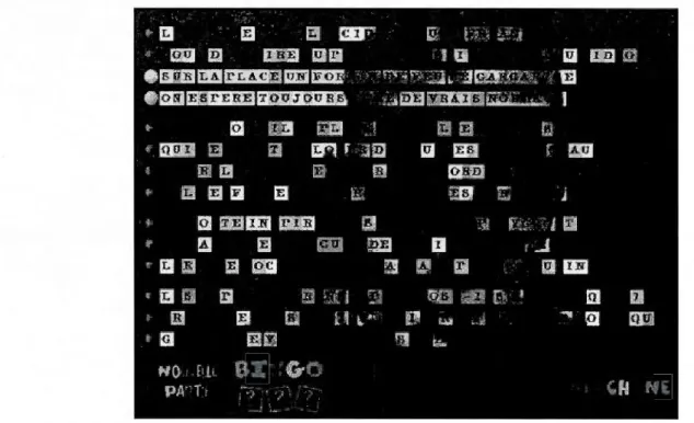 Figure 14:  Capture d'écran de  Machines à écrire  d'Antoine Denize et Bernard Magné, CD-ROM, Paris :  Gallimard, 1999, mode  «  Bingo »