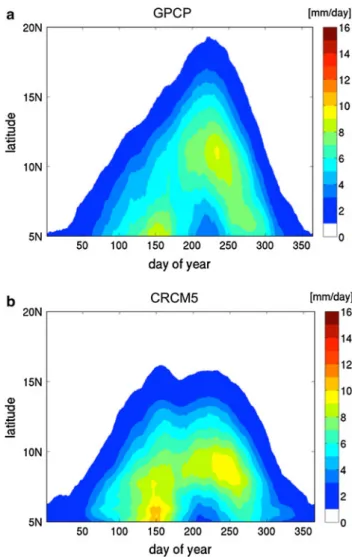 Figure 5 shows that overall CRCM5-simulated diurnal cycle of precipitation agrees with TRMM observations in phase and amplitude, albeit with some differences from one region to another