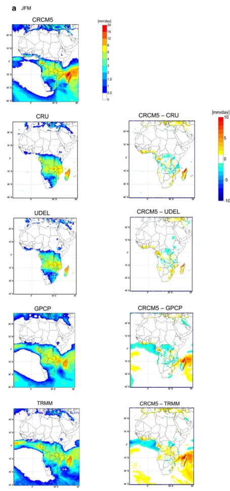 Fig. 3 Mean (1997–2008) precipitation in a JFM and b JAS seasons from CRCM5, CRU, UDEL, GPCP and TRMM (left) and the difference CRCM5 minus OBS (right).
